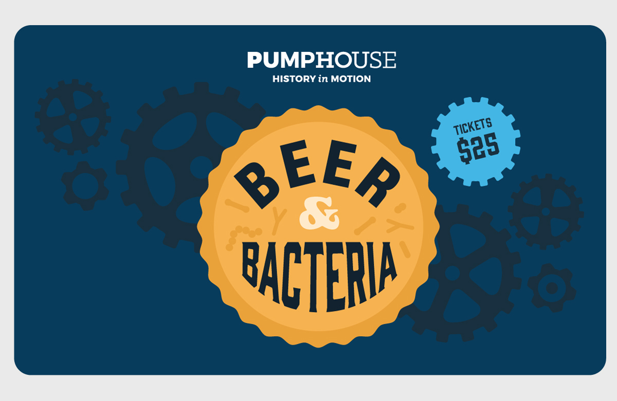 Title card with the text Beer and bacteria inside a bottle cap. Surrounding the text are bacteria illustrations.