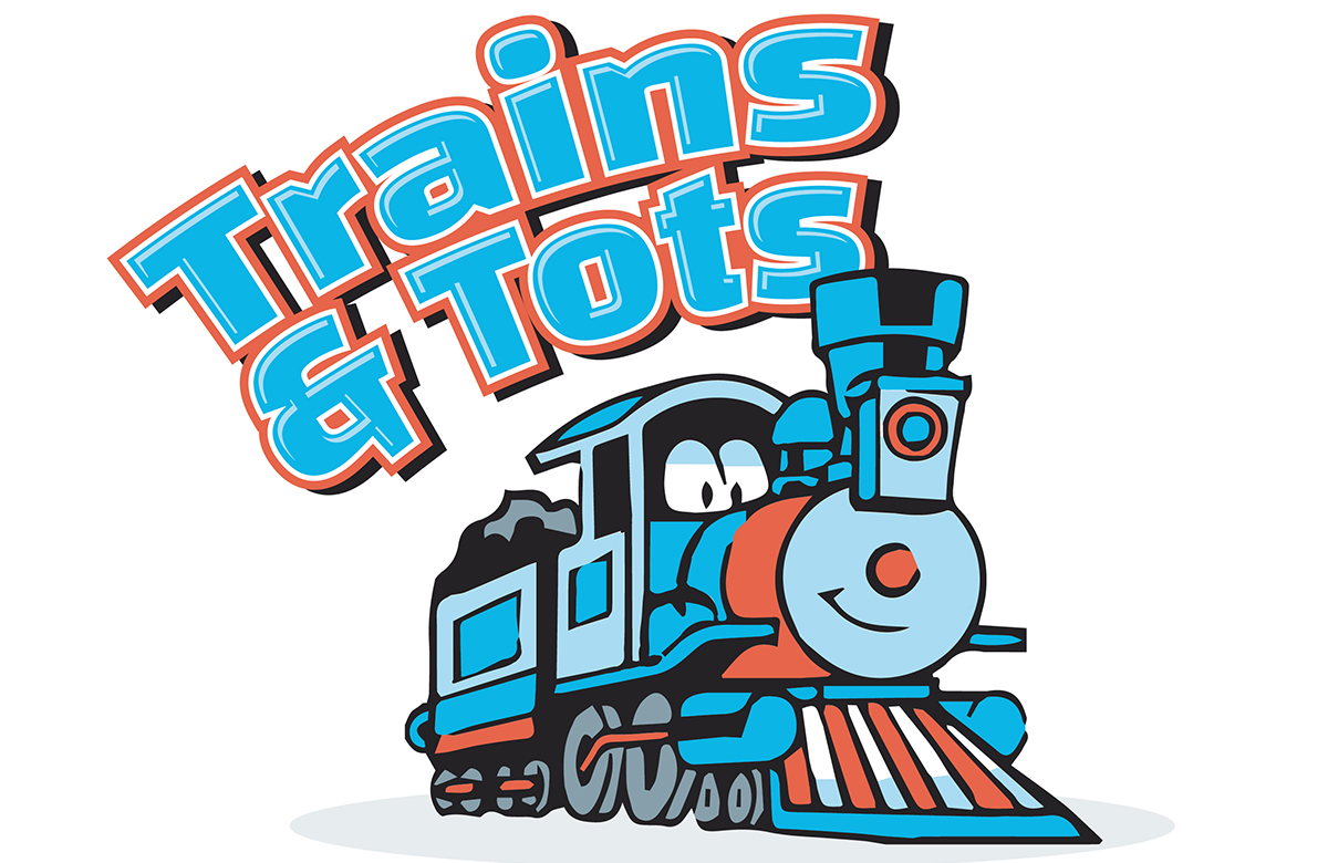 Cartoon train with words Trains & Tots above the train