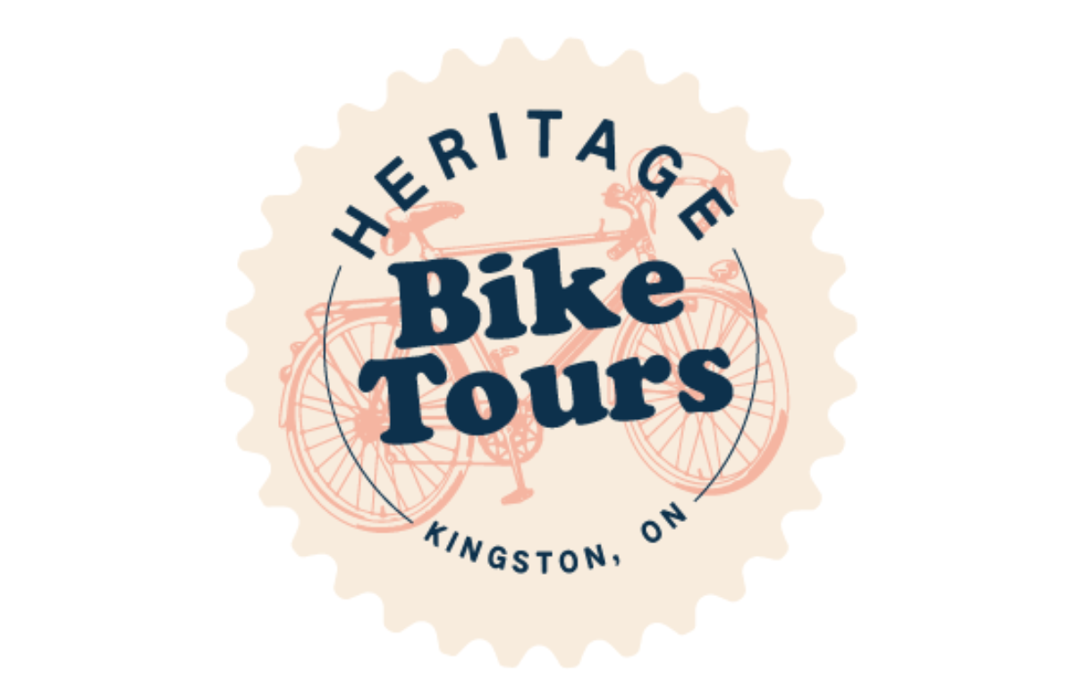 A pale pink circle with a faded bike in the background. Text is overlaid and reads: Heritage Bike Tours, Kingston, Ontario