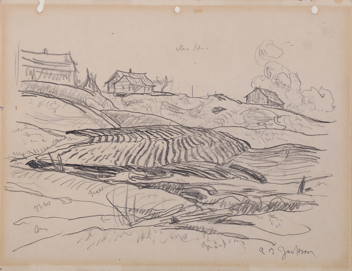 Page from a Sketchbook: Les Eboulements, Quebec (?) by Alexander Young Jackson, graphite on paper. Photo: Bernard Clark. Source: City of Kingston Civic Collection. Page from a Sketchbook: Les Eboulements, Quebec (?)