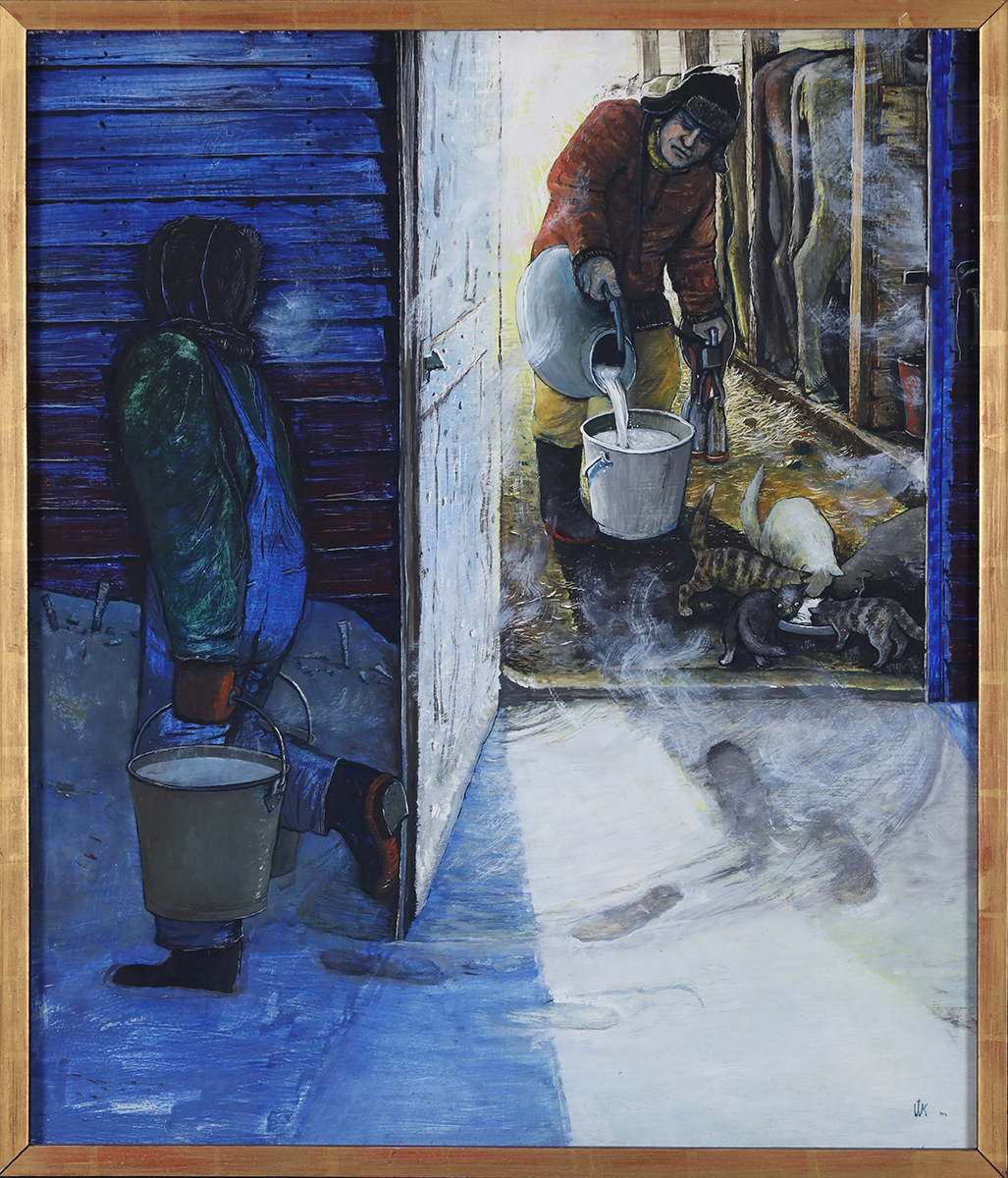 Milking Cows by William Kurelek, oil on Masonite. Photo: Bernard Clark. Source: City of Kingston Civic Collection. Milking Cows