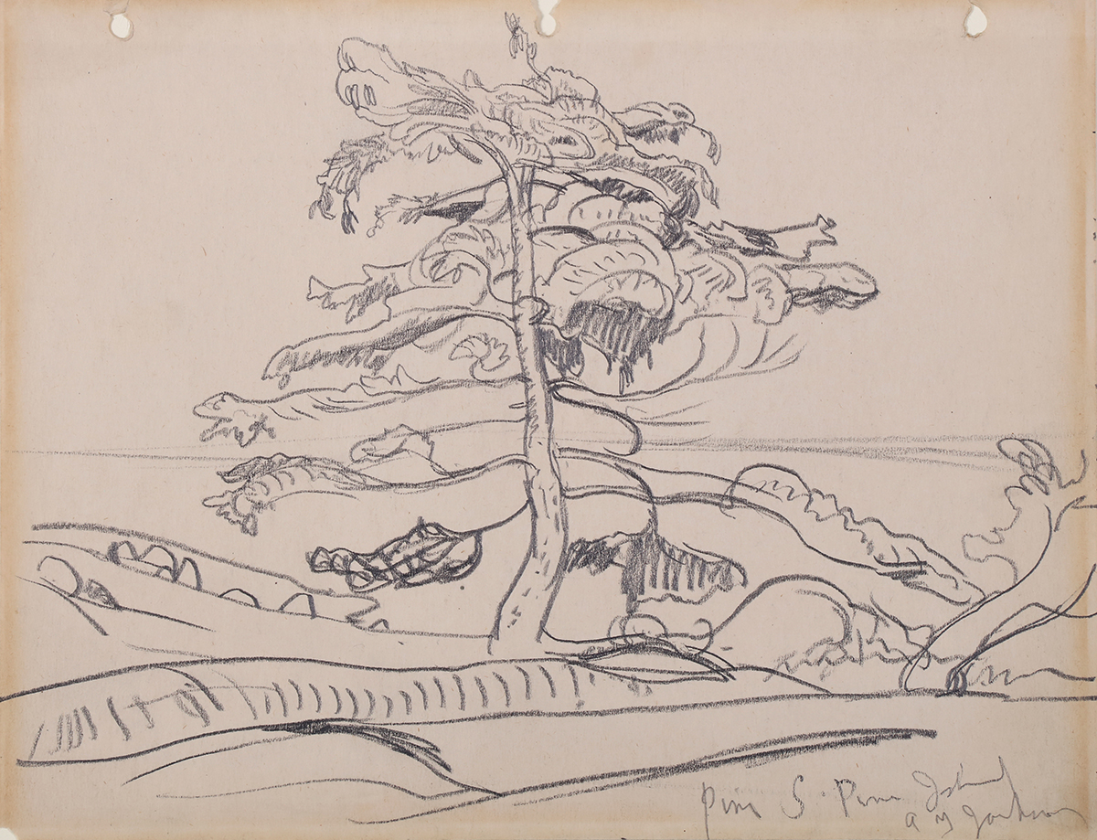 Page from a Sketchbook: Pine Island, Georgian Bay by Alexander Young Jackson, graphite on paper. Photo: Bernard Clark. Source: City of Kingston Civic Collection. Page from a Sketchbook: Pine Island, Georgian Bay