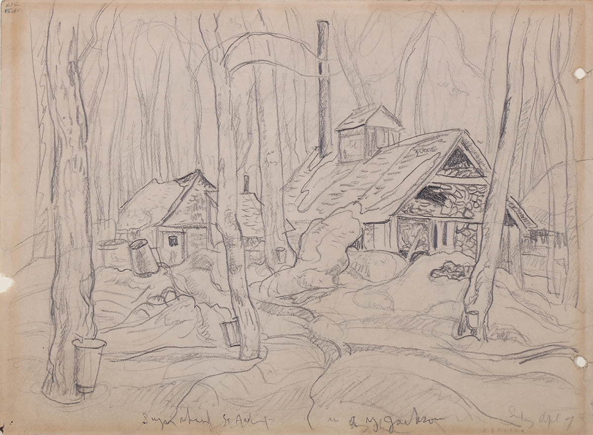 Page from a Sketchbook: Sugar Shack in Quebec by Alexander Young Jackson, graphite on paper. Photo: Bernard Clark. Source: City of Kingston Civic Collection. Page from a Sketchbook: Sugar Shack in Quebec