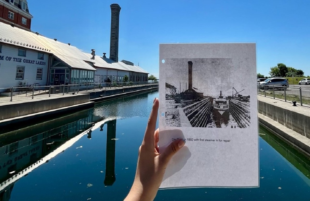 Picture of Kingston's dry dock in the 1800s with a backdrop of what it looks like today
